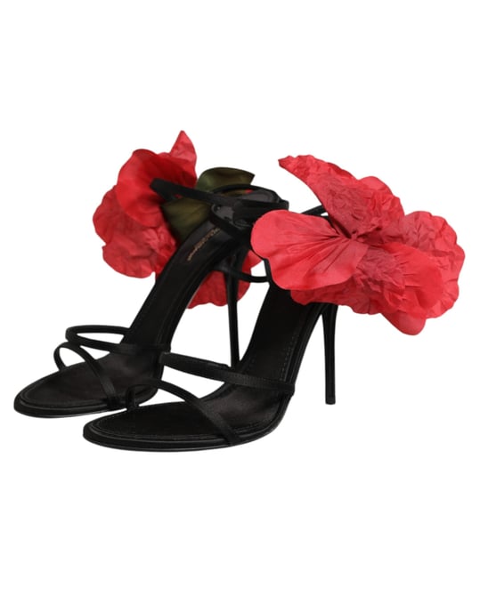 Sandalias de tacón con tiras de cuero negro y flores de Dolce & Gabbana - Image 5