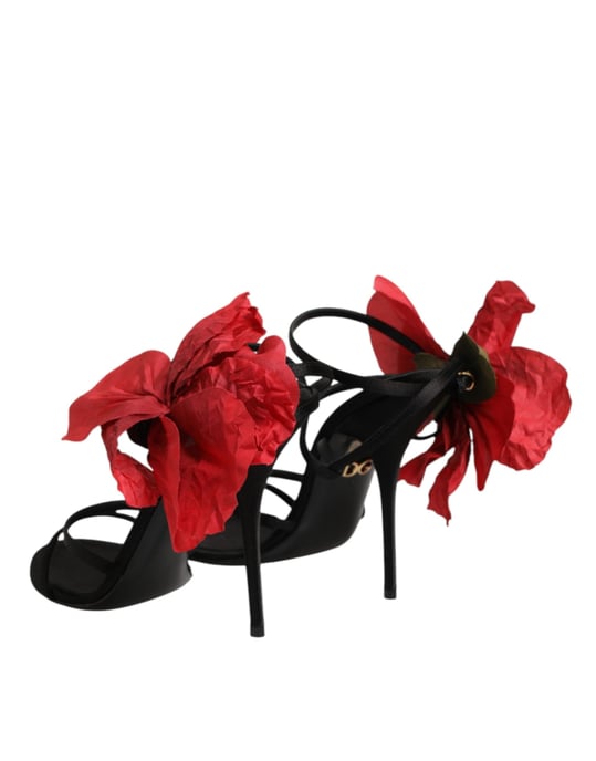 Sandalias de tacón con tiras de cuero negro y flores de Dolce & Gabbana - Image 6