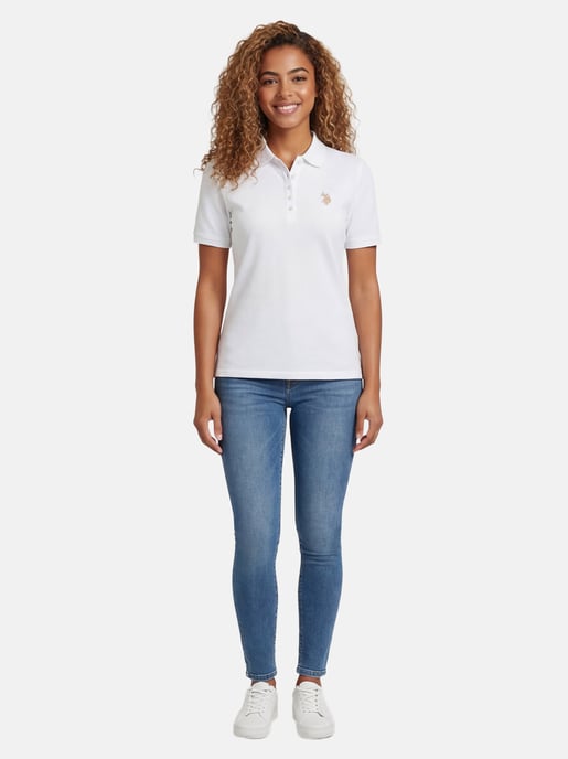 U.S. POLO ASSN. Camiseta polo femenina de manga corta hecha de elastano de algodón - Image 4