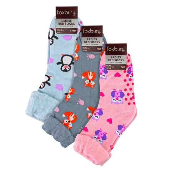Pack de 3 pares de calcetines de cama para mujeres con antideslizante | Calcetines cepillados con patrón de animales adorables - Image 3