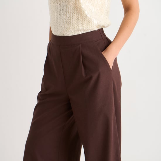 Pantalones anchos de mezcla de lino marrón - Image 2