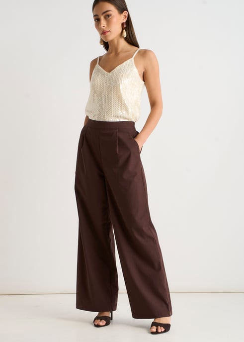 Pantalones anchos de mezcla de lino marrón - Image 3