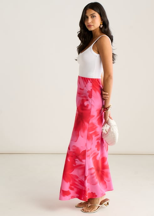 Falda larga evasé con estampado floral en acuarela rosa - Image 3