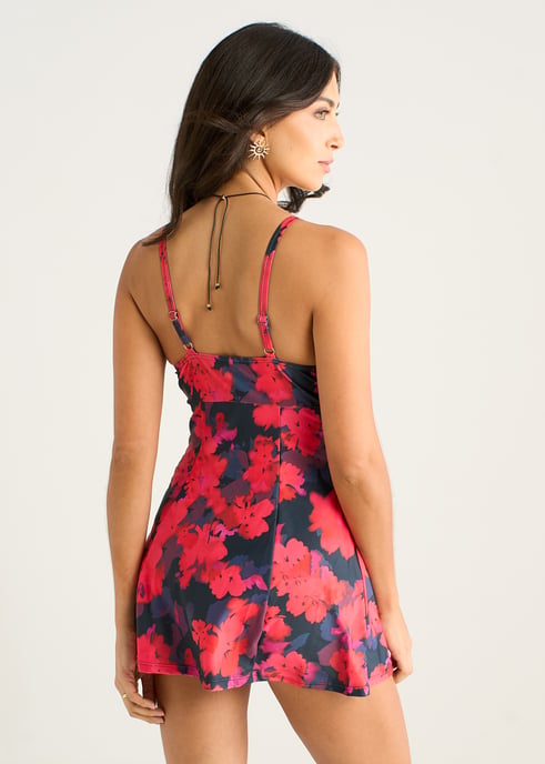 Bañador de tirantes con falda y estampado floral rojo - Image 4