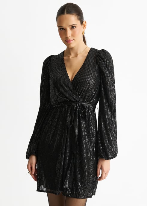 Vestido mini negro con escote en V, lentejuelas y cinturón - Image 2