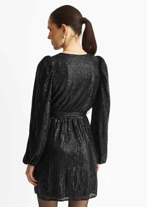 Vestido mini negro con escote en V, lentejuelas y cinturón - Image 4