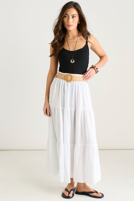 Falda midi de algodón blanco con efecto seersucker y cinturón - Image 1