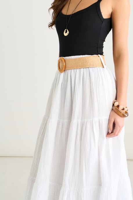 Falda midi de algodón blanco con efecto seersucker y cinturón - Image 2