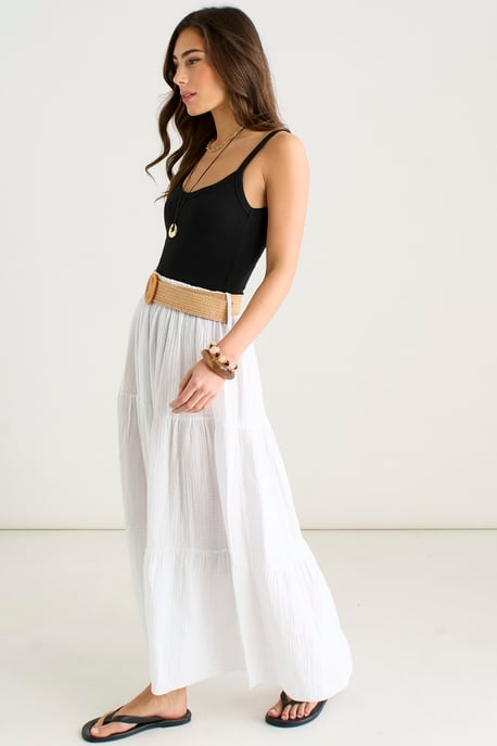 Falda midi de algodón blanco con efecto seersucker y cinturón - Image 3