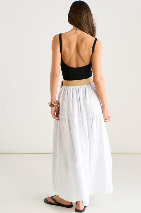 Falda midi de algodón blanco con efecto seersucker y cinturón - Image 4