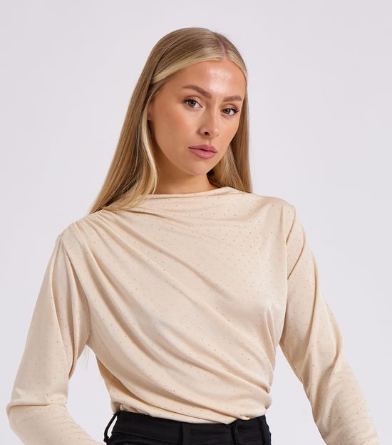 Body con cuello vuelto y tirantes, color beige con pedrería - Image 3