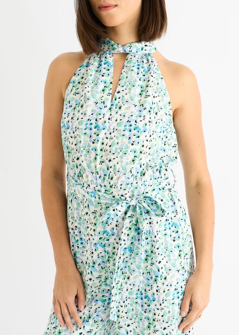 Mono azul con estampado floral y cuello halter - Image 2