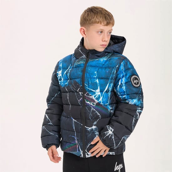 Chaqueta acolchada para niños en negro y azul con capucha, abrigo cálido de invierno. - Image 3