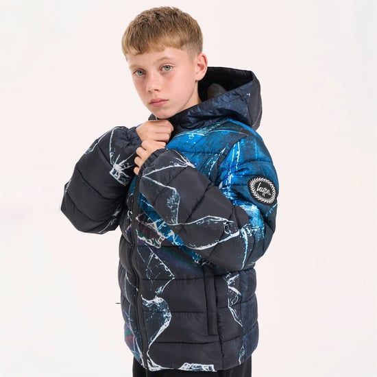 Chaqueta acolchada para niños en negro y azul con capucha, abrigo cálido de invierno. - Image 4