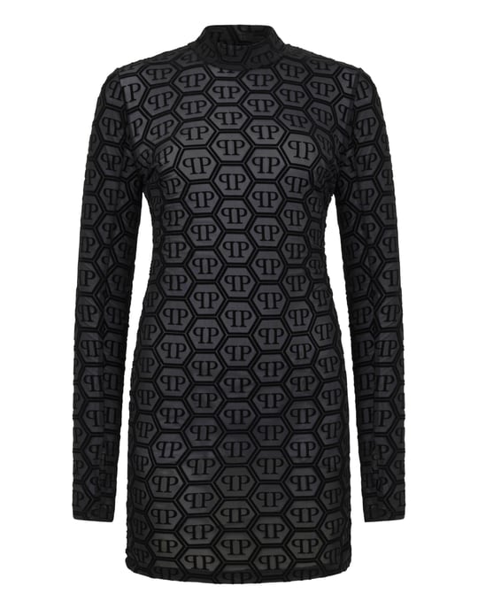Tulle Long-Sleeved Mini Dress Monogram Jacquard - Image 1