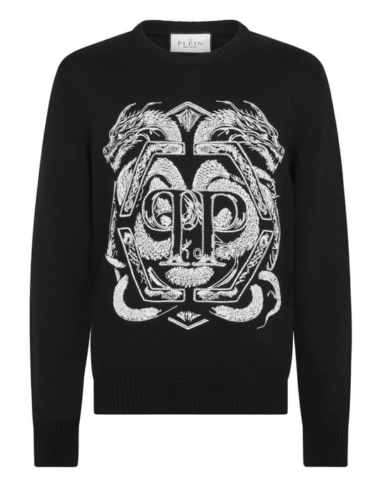 Embroidered Merino Wool Round Neck Pullover Hexagon Dragon - Image 1
