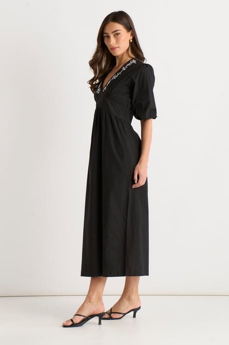 Vestido midi negro de algodón con mangas abullonadas y bordados - Image 3