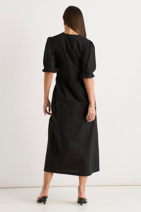 Vestido midi negro de algodón con mangas abullonadas y bordados - Image 4