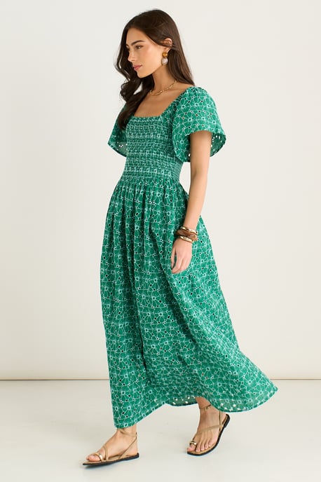 Vestido midi fruncido con bordado floral verde - Image 3
