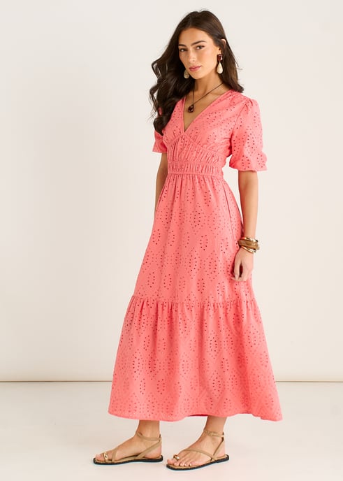 Vestido de encaje con escote en V y bordados en color coral - Image 3