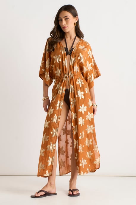 Kimono tipo caftán con lazo delantero, estampado floral naranja y lurex - Image 1