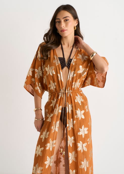 Kimono tipo caftán con lazo delantero, estampado floral naranja y lurex - Image 2
