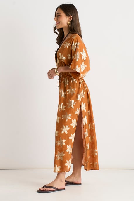 Kimono tipo caftán con lazo delantero, estampado floral naranja y lurex - Image 3