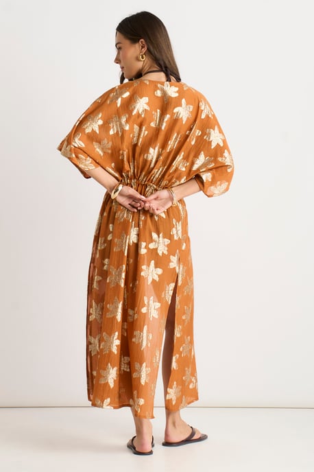 Kimono tipo caftán con lazo delantero, estampado floral naranja y lurex - Image 4