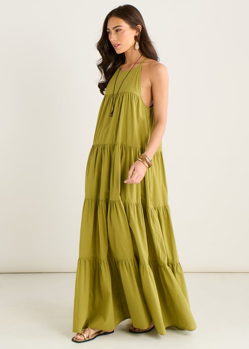 Vestido largo trapecio con cuello halter y volantes en color caqui - Image 3