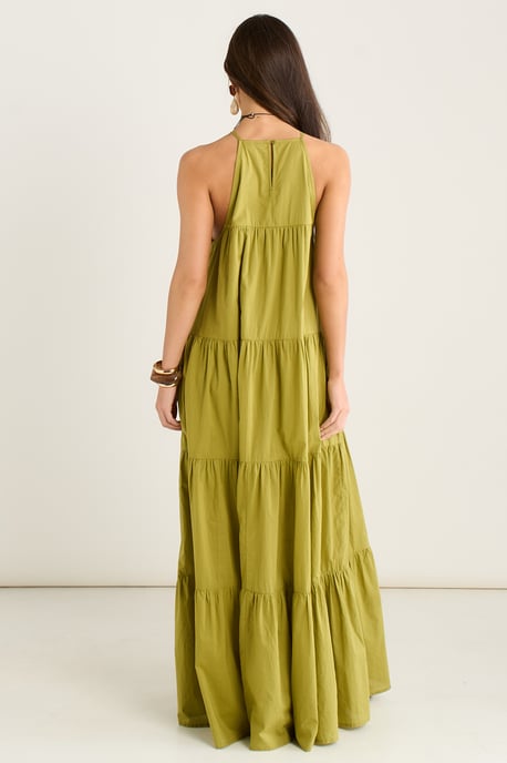 Vestido largo trapecio con cuello halter y volantes en color caqui - Image 4
