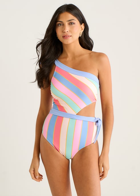 Bañador de un solo hombro con detalle de lazo y rayas multicolores - Image 1