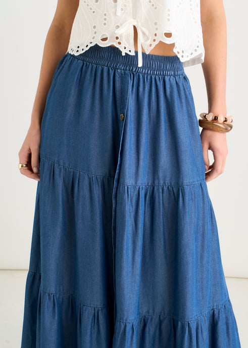 Falda midi de chambray azul con elástico y botones en la parte delantera - Image 2