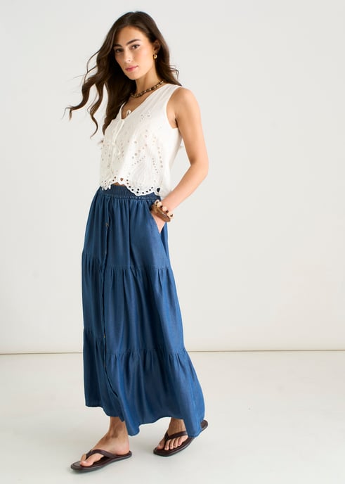 Falda midi de chambray azul con elástico y botones en la parte delantera - Image 3