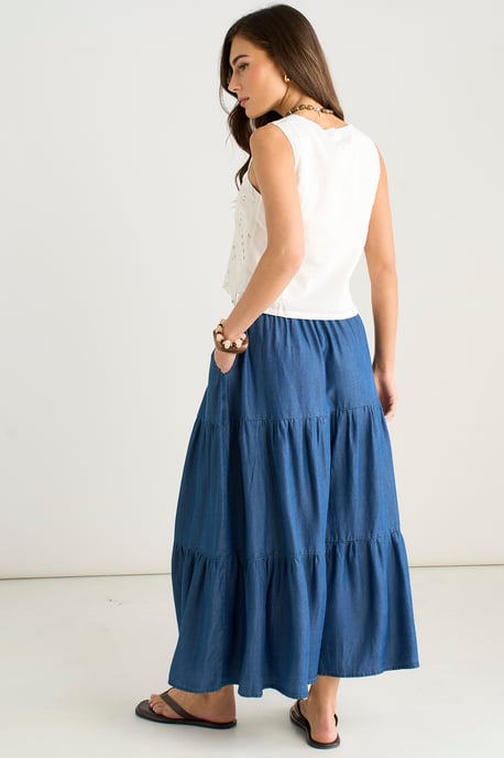 Falda midi de chambray azul con elástico y botones en la parte delantera - Image 4