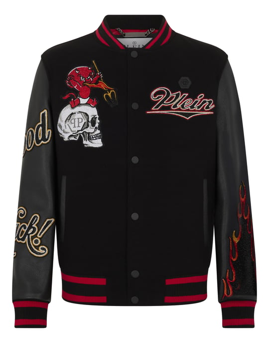 Varsity Bomber With Leather Sleeves Devil Skull - Image 1