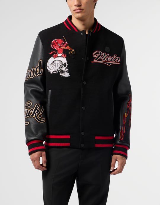 Varsity Bomber With Leather Sleeves Devil Skull - Image 2