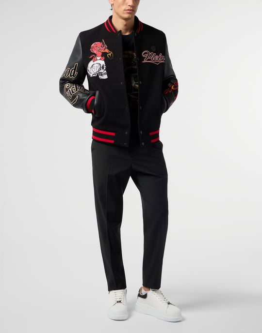 Varsity Bomber With Leather Sleeves Devil Skull - Image 4