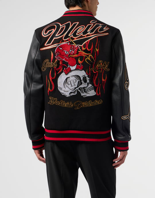 Varsity Bomber With Leather Sleeves Devil Skull - Image 5