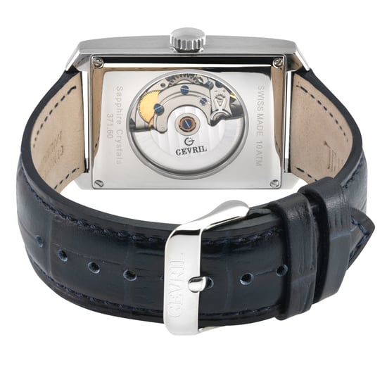 Reloj automático Gevril Manhattanhenge para hombre de acero inoxidable, correa de cuero azul italiano genuina hecha a mano con hebilla de espiga. - Image 2