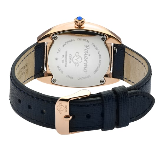 Reloj Palermo Diamond GV2 para mujer, caja IPBK de acero inoxidable 316L, esfera negra MOP, correa de cuero genuino hecha a mano en color negro - Image 2