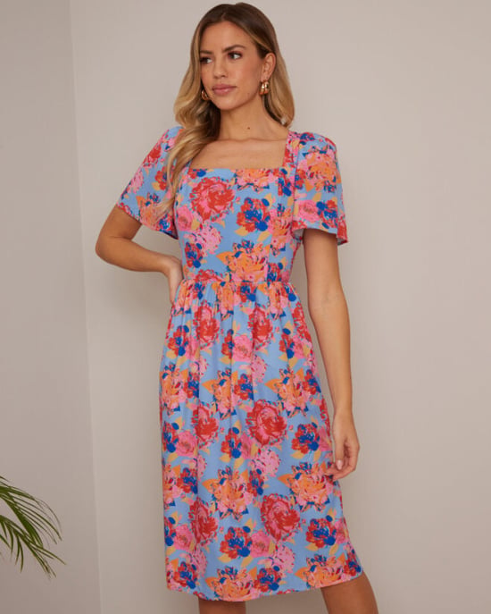 Petite Square Neck Floral Midi Dress in Multi - Image 2