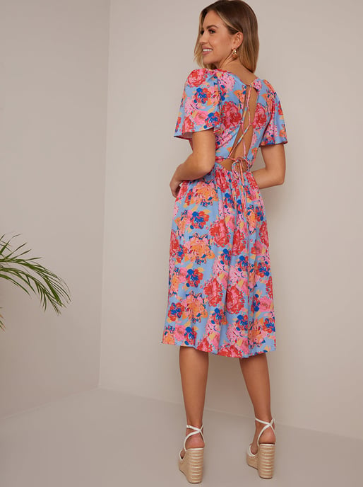Petite Square Neck Floral Midi Dress in Multi - Image 3