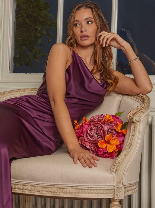 Cowl Neck Satin Slip Midi Dress in Berry - Image 2