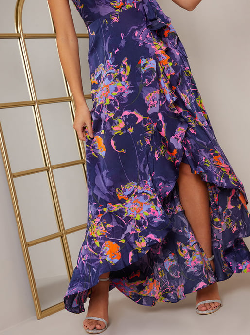 Sleeveless Neon Abstract Print Wrap Midi Dress in Blue - Image 2