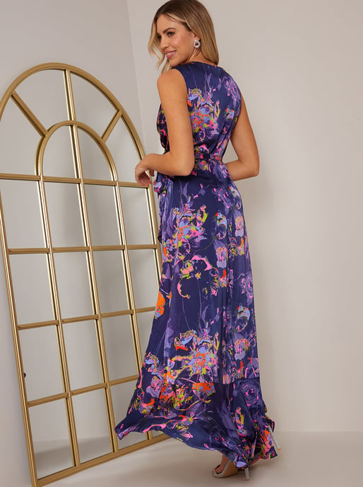 Sleeveless Neon Abstract Print Wrap Midi Dress in Blue - Image 4