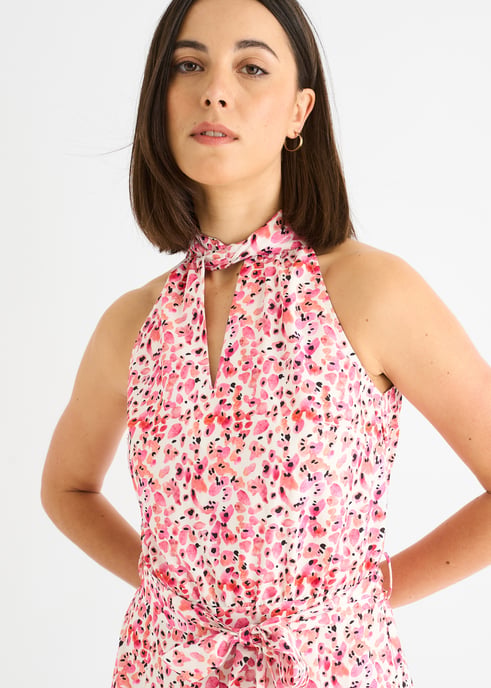 Mono rosa con estampado floral y cuello halter - Image 2