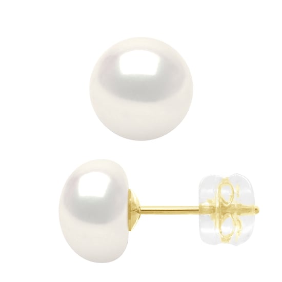 Earrings Yellow Gold - Real Cultured Freshwater Pearls Button 8-9 mm - Image 1