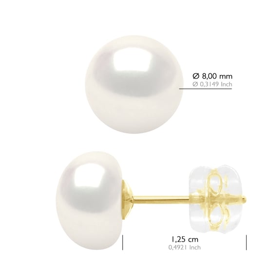 Earrings Yellow Gold - Real Cultured Freshwater Pearls Button 8-9 mm - Image 2