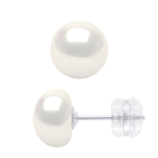 Earrings White Gold - Real Cultured Freshwater Pearls Button 8-9 mm - Image 1