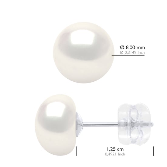 Earrings White Gold - Real Cultured Freshwater Pearls Button 8-9 mm - Image 2